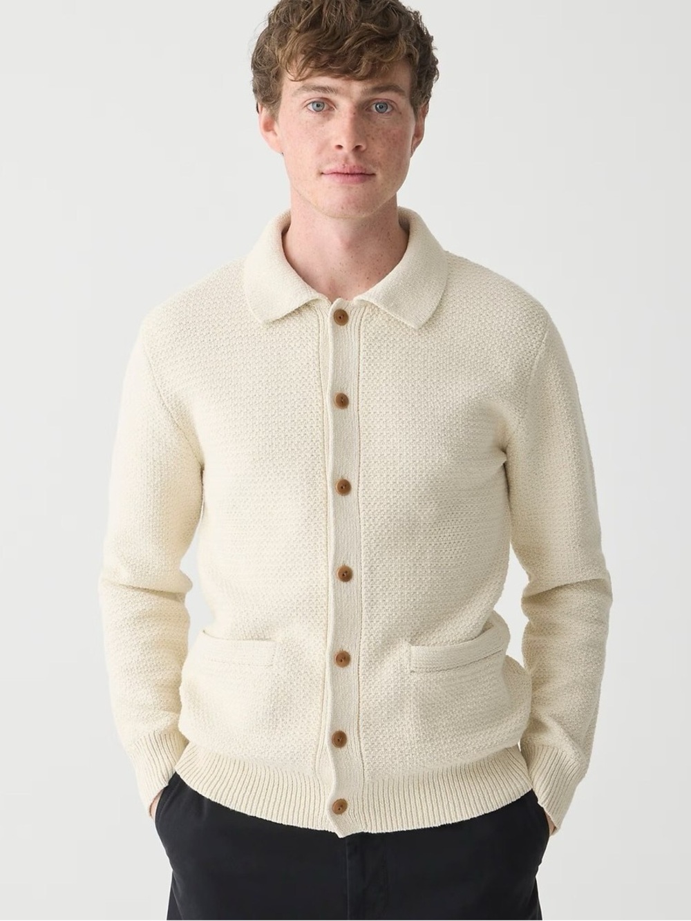 J.Crew Cotton Tuck-Stitch Cardigan Sweater Polo Mens Large Cream White Cotton